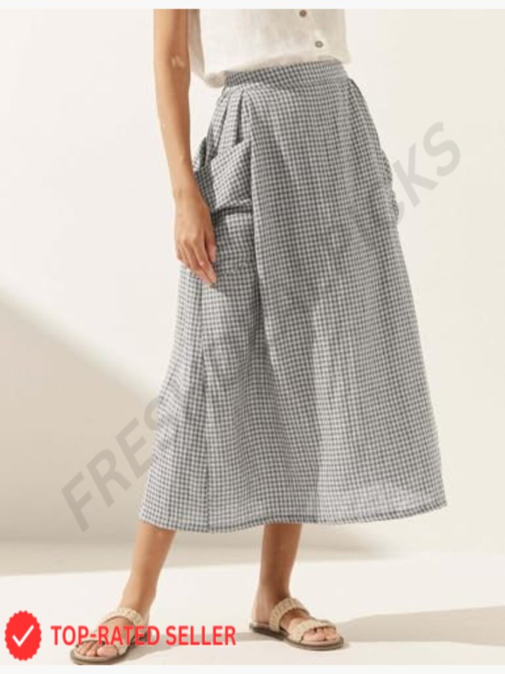 Plaid Midi Skirt Elastic Waist with Pockets Flowy Vintage A-Line - Picture 6 of 6